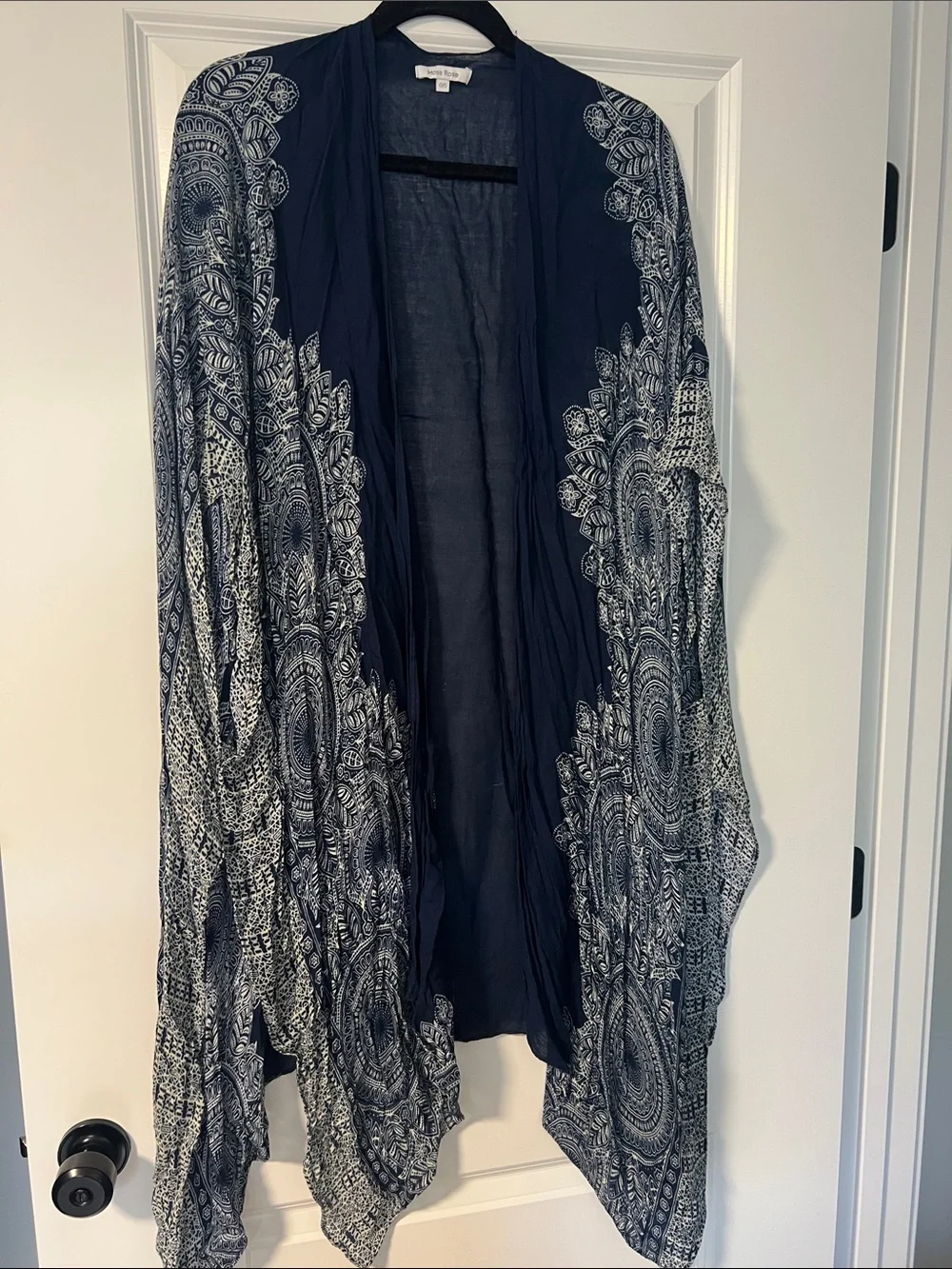 Navy & White Printed Sheer Swim Coverup Kimono